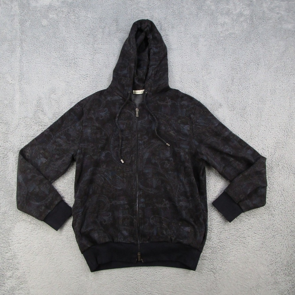 Etro Zip Up Hoodie Mens Large Black Paisley Made in Italy Cotton Blend